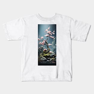 bonsai tree blossoming with pink flowers near waterfall Kids T-Shirt